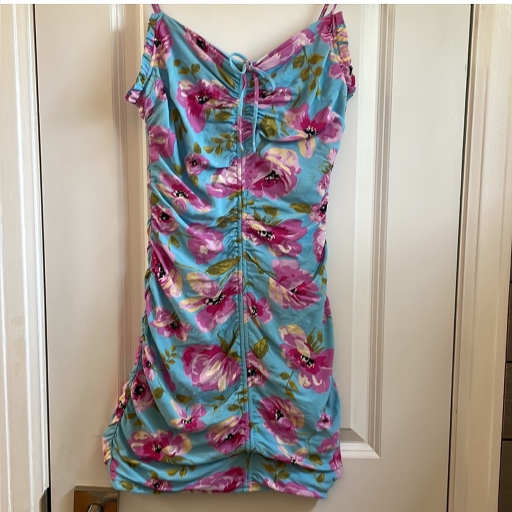 Zara Blue and Pink Floral Ruched Tube Mini Dress - Picture 4 of 13